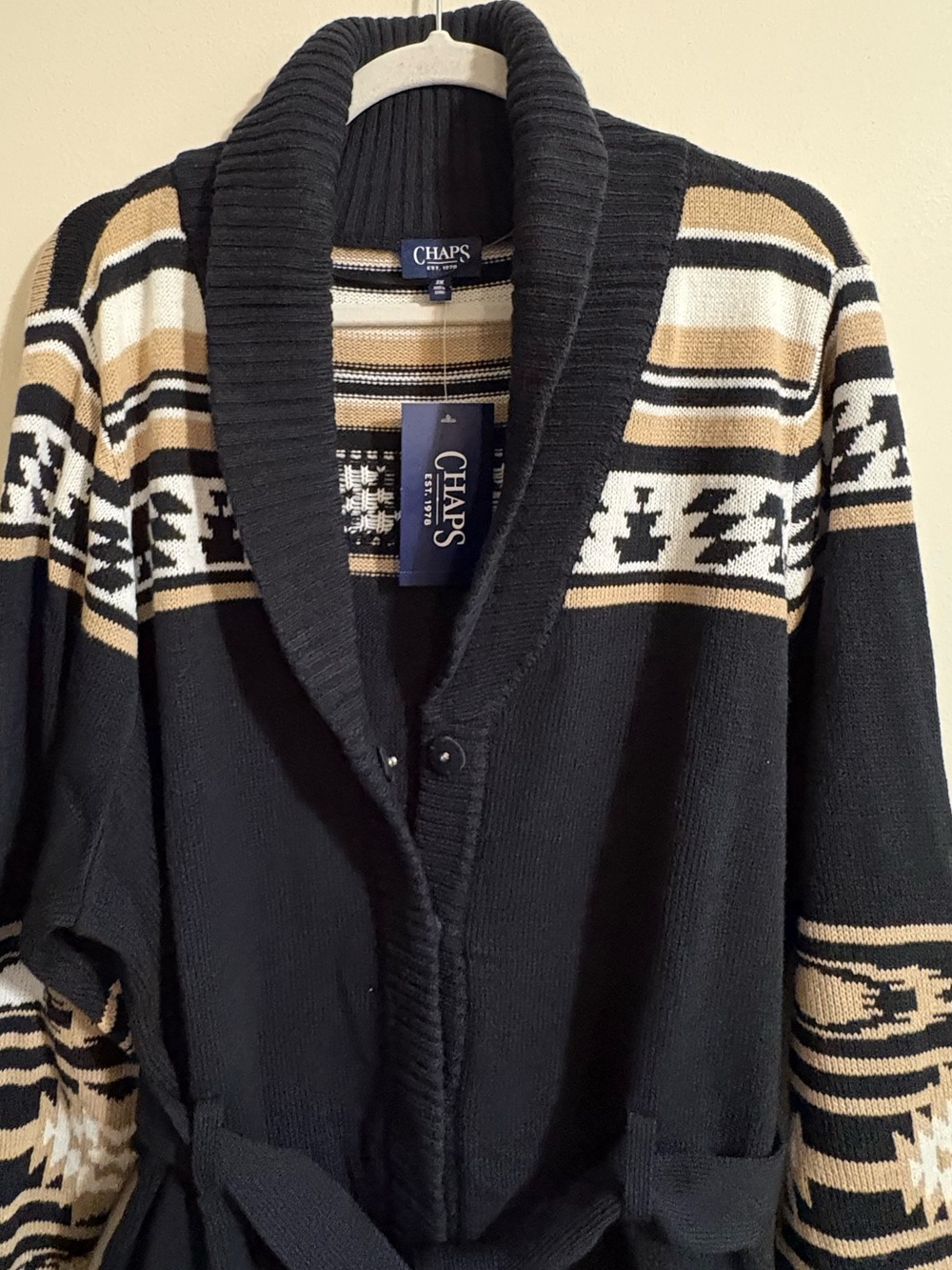 Chaps sweater women’s 2XL black tan Southwestern style belted long cardigan NWT - Picture 6 of 16
